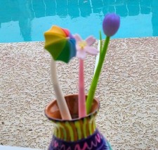 Flower PENS Set of 3 with cloth bag light activated soft top NEW q