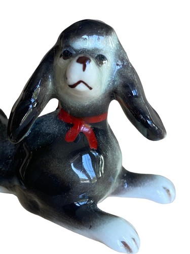 Vintage Miniature Poodle Bone China Dog Figure Glazed 2" Dark gray white red bow - Picture 2 of 6