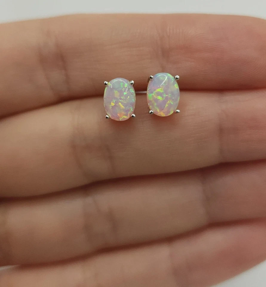 Pendientes de ópalo rosa de oro macizo de 14K, aretes de oro de ópalo, aretes ovalados de ópalo Foto 2 de 4