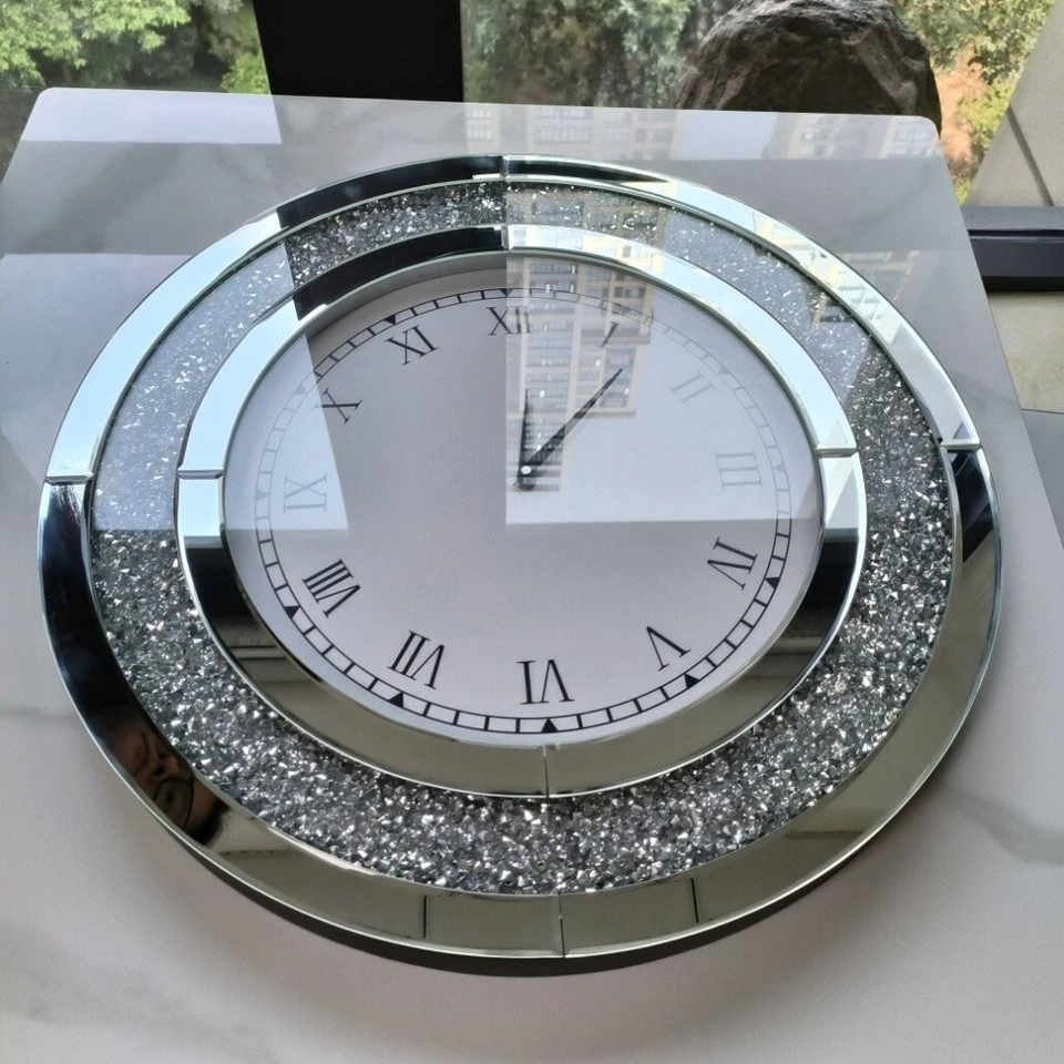 Reloj de pared grande con espejo redondo de 24/32 pulgadas cristal brillante aplastar diamantes Foto 2 de 4