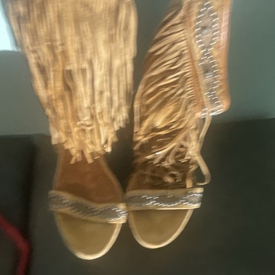 Sam Edelman Tan Suede Strappy Open Toe Zip Block Heel Fringe Beaded US 8