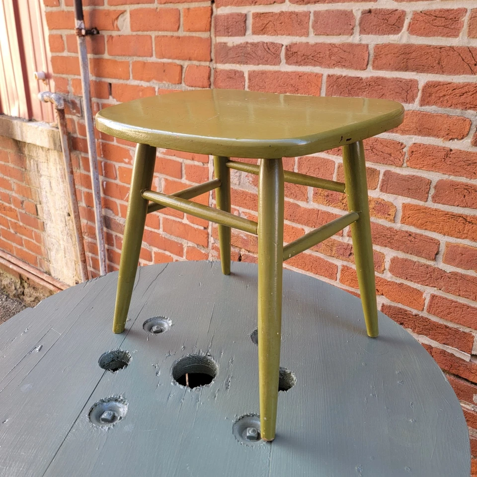 复古中世纪现代木制凳鳄梨橄榄绿色油漆 16.5 英寸高 — 第 4/4 张图片