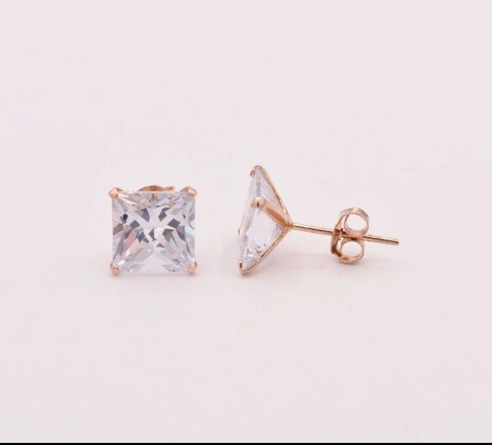 Diamonique Juego de puntas circonita cúbica Princesa Cuadrado Pendientes Chapados en Oro Rosa 14K Plata Foto 3 de 4