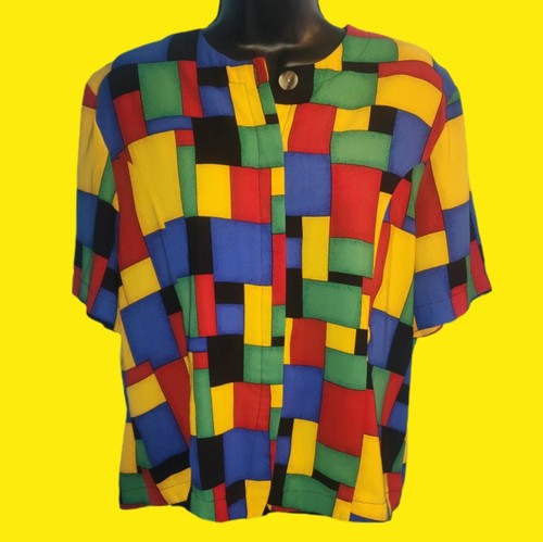VINTAGE 90's KATHY CHE Colorblock Patchwork Print Blouse Colorful Shortsleeve 12