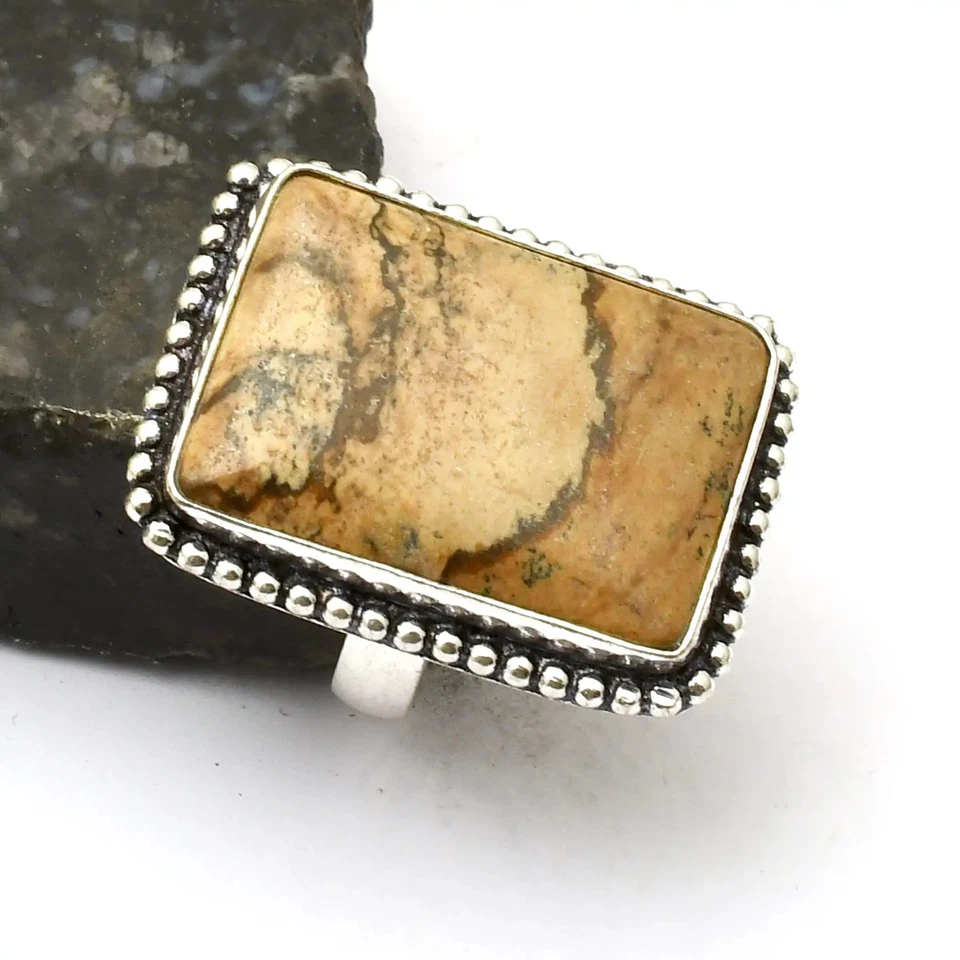 Bild Jaspis Edelstein ethnische Handarbeit Ring Schmuck Geschenk US-Größe - 8,5 AR 33254