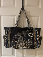 Laurel Burch Black Cotton Cat Tote Bead Trim Gold Braid Double Handles 16x9x4.5"