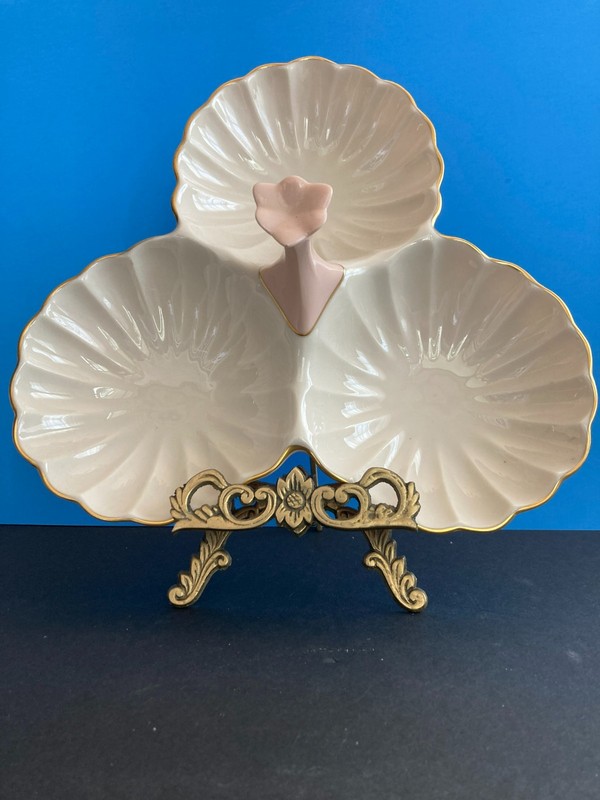 LENOX VINTAGE IVORY PINK FONTAINE SERVER DIVIDED DISH GOLD ACCENTS