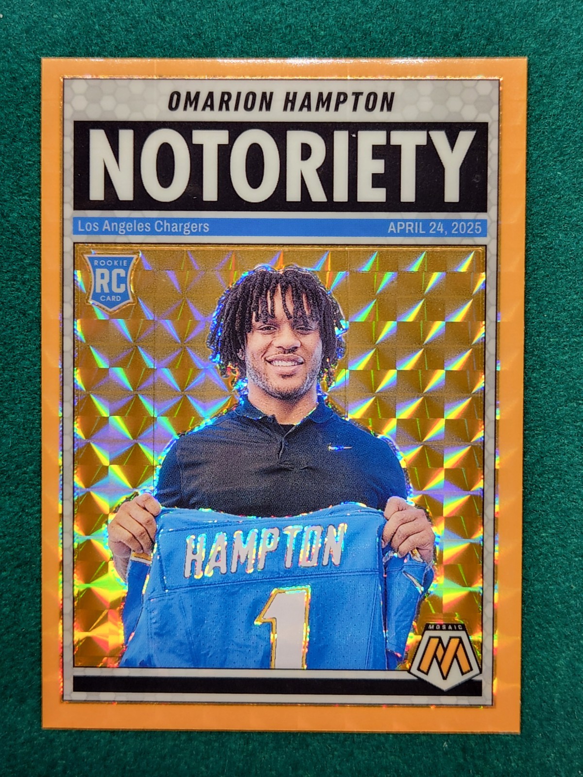 Omarion Hampton 2025 Panini Mosaic Notoriety Orange Fluorescent Prizm RC #20(KK)