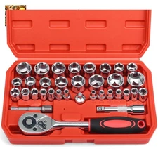 Comprehensive 34-Piece Chrome Vanadium Socket Set with Quick-Release Ratchet