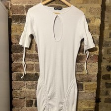 Recycled shape white thick rib ruched detail keyhole bodycon dress