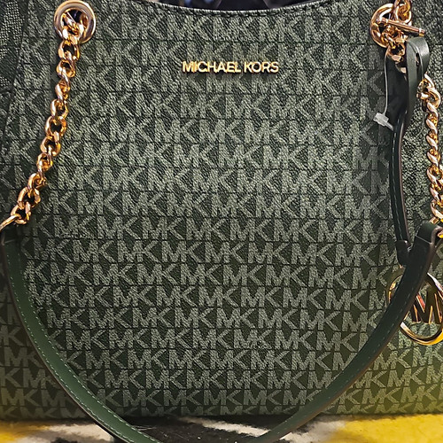 Michael Kors Jet Set Travel Large Zip Tote Green MK Monogram Chain Charm