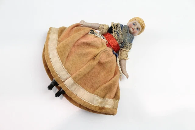 33 Bisque Miniature Mignonette Doll Antique Moulded Blonde Hair Blue Eyes 13cm
