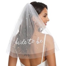 Bride to Be Veil for Bachelorette Parties, White Pearl Veil with Embroidered