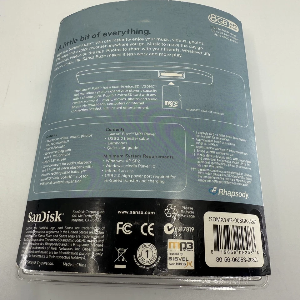 Reproductor MP3 multimedia digital SanDisk Sansa Fuze (8 GB) negro batería defectuosa Foto 2 de 4