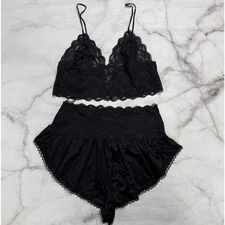 Vintage Sans Souci Black Lace Lingerie Set Size 2X Bralette Shorts Nylon Union