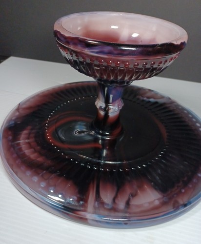 Schlacke Glas Kuchenplatte Ständer Lila Weiß Wirbel 1880 Atterbury Perlen 11 1/4" - Bild 13 von 22