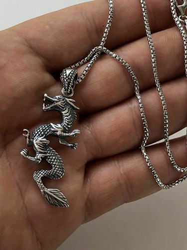 Solid 925 Sterling Silver Chinese Pagan Dragon Mens Pendant - Picture 3 of 7