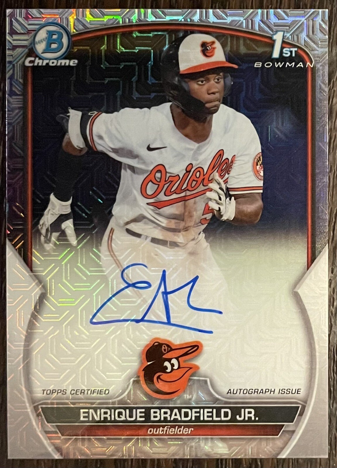 Enrique Bradfield Jr 2023 Bowman Draft Chrome Mojo Refractor 1st Auto HTA /150