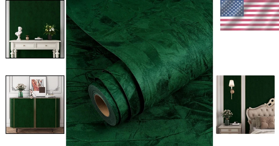 Transform Your Space - Emerald Green Velvet Flocking Peel and Stick Wallpaper - Image 2 of 4