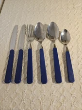 Unbranded 6pc Lot Blue Plastic Handle Flatware, Knives, Fork, Spoons, Thailand 