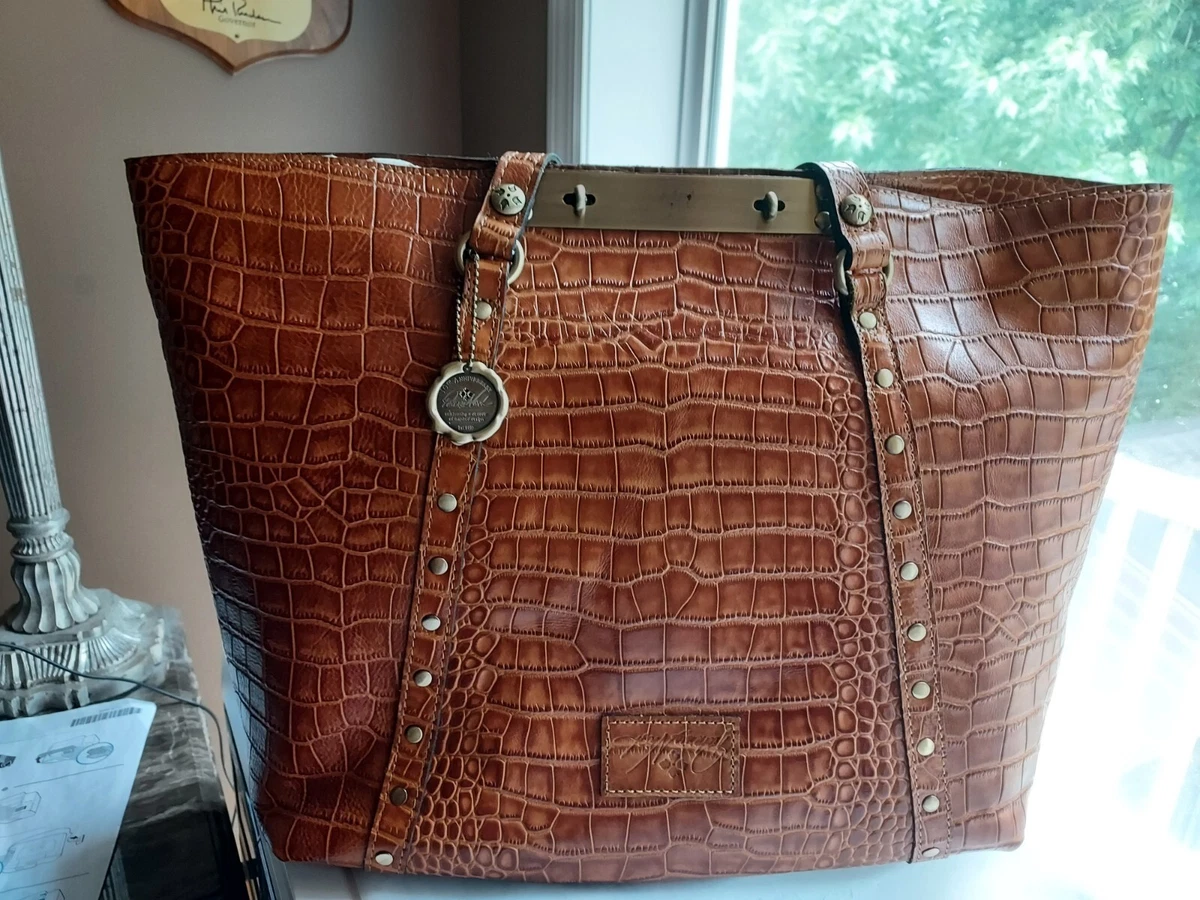 Patricia Nash Leather Distressed Vintage Croc Tan Benvenuto Tote Bag Handbag
