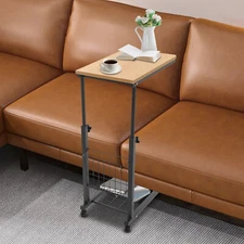 2 Tiers Adjustable Bed Side Table Teak Color Mobile Standalone Table w/ Wheels