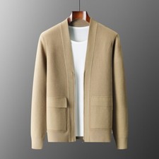Men's Wool Cardigan Zippered Cashmere Jacket Jacquard V-Neck Knitted Coat Solid
