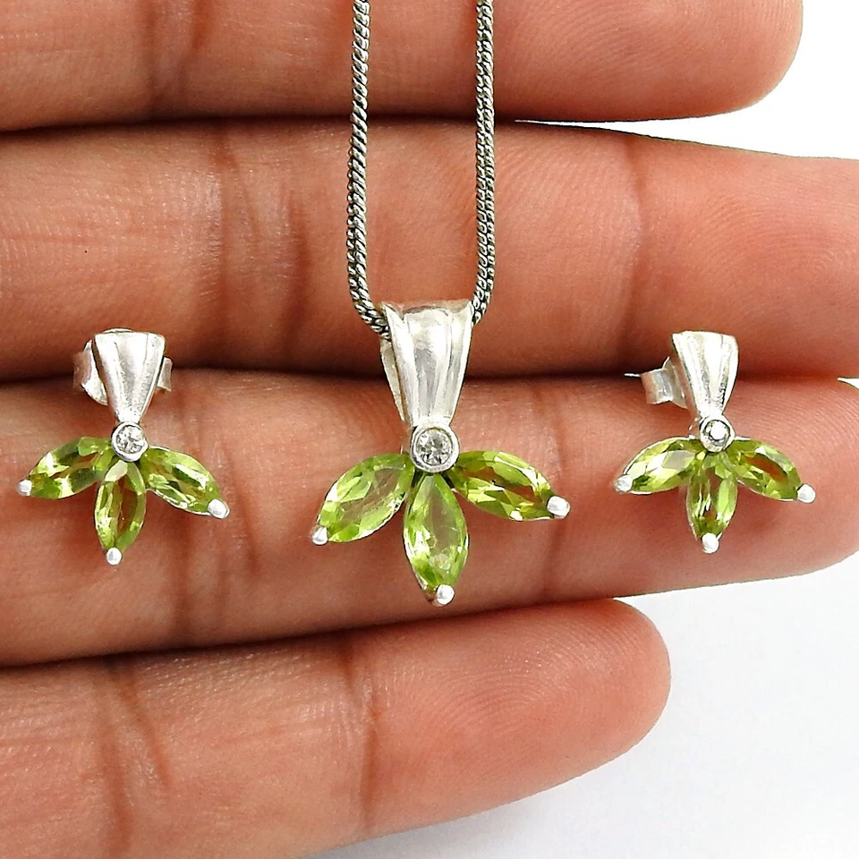 Pretty Jewelry Set 925 Sterling Silver Natural Peridot Gemstone Earrings Pendant - Image 4 of 4