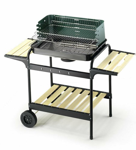 Barbecue Carbonella Portatile Carrello Ruote Ripiani Legno Carbone Ompagrill - Foto 2 di 2