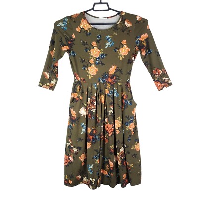 Women's Reborn J Green & Multicolor Floral Midi Dress 3/4 Sleeve Size M