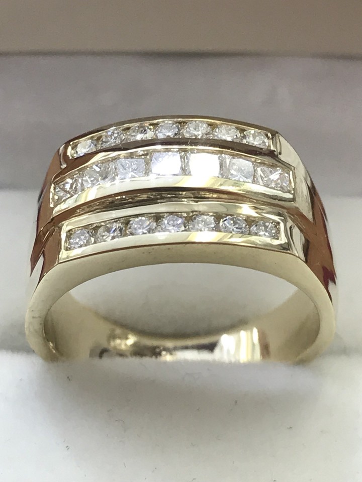 14k Solid Yellow gold men's diamond ring Vs quality 3 rows Channel set