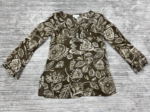 Spiegel Top Womens 6 Brown Floral V-Neck Longsleeve 100% Silk Casual