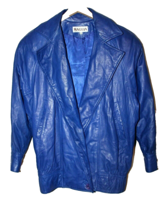 Vintage 80s MAGLIA Electric Blue Soft Leather Bomber Jacket Coat