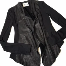 ILLIA Women 8 Black Leather Modal Open Front Cardigan Layer Jacket Long Sleeve