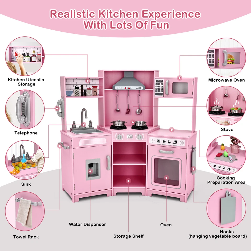 Juego de juguetes de madera para cocina con luces, sonidos regalo rosa para niñas Foto 4 de 4