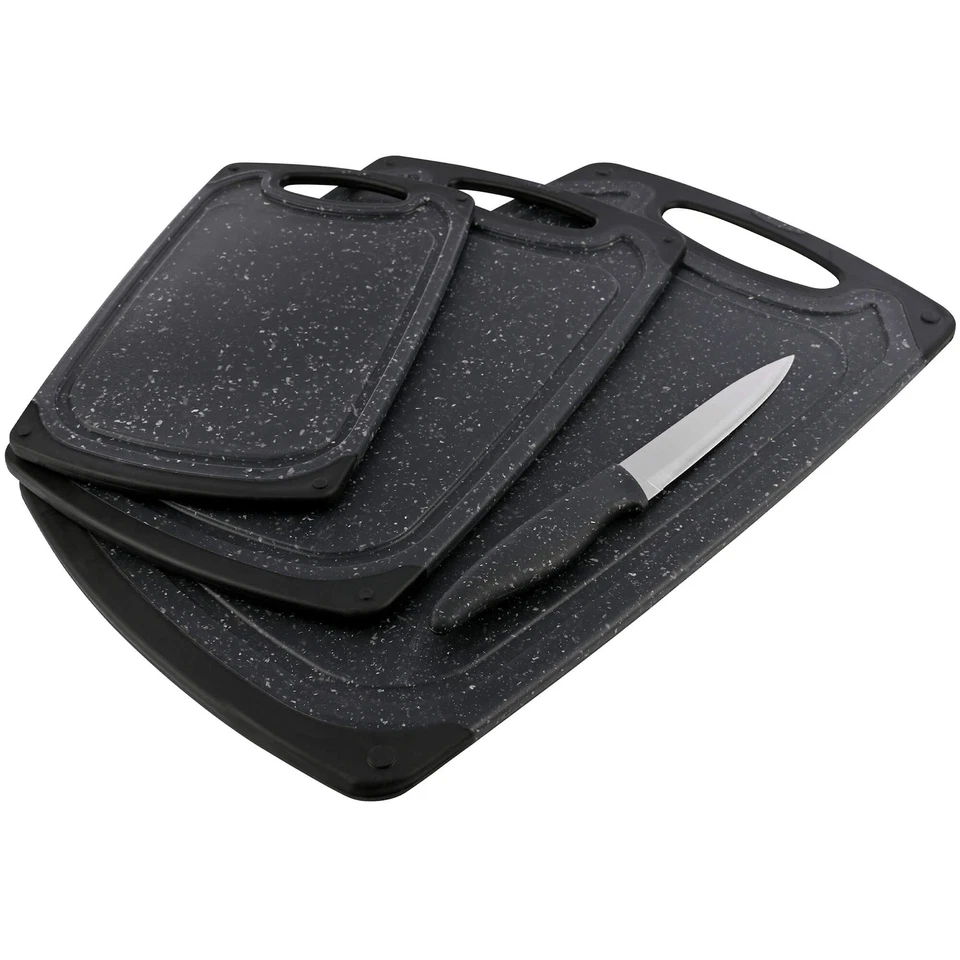 GRÄWE Schneidebrett-Set, 4-teilig, inkl. Messer, Granit-Look, Schwarz/Grau/Weiß