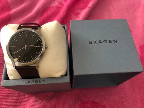 Skagen Denmark Men's Black Face Brown Leather Band Quartz Watch NEW IN BOX