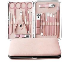 18 piece stainless steel manicure set with Pink leather case