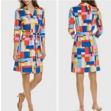 J.McLaughlin Brynn Shirt Dress Womens Large Multicolor Tile Print Belted Knee