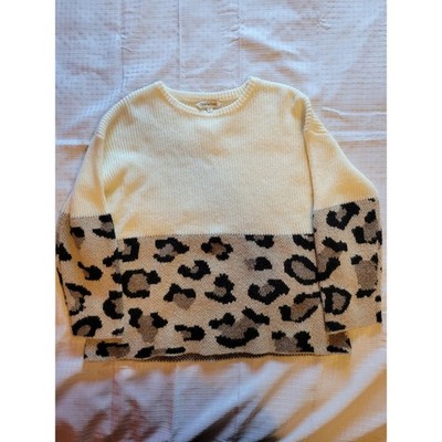 Davi & Dani Leopard Colorblock Wool Blend Sweater Cream Tan Black DWT91281 Small