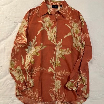 LIZ CLAIBORNE 100% Linen LIZSPORT Botton Down Orange Floral 90s Y2K 