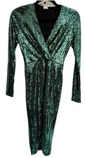 Vtg Green Sequin Ruched Wrap Dress Midi Plunging V Neck S Bodycon Party USA