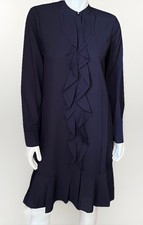 Tory Burch Navy Silk Jane Dress Ruffle Front Logo Buttons NWT $425 Size 6