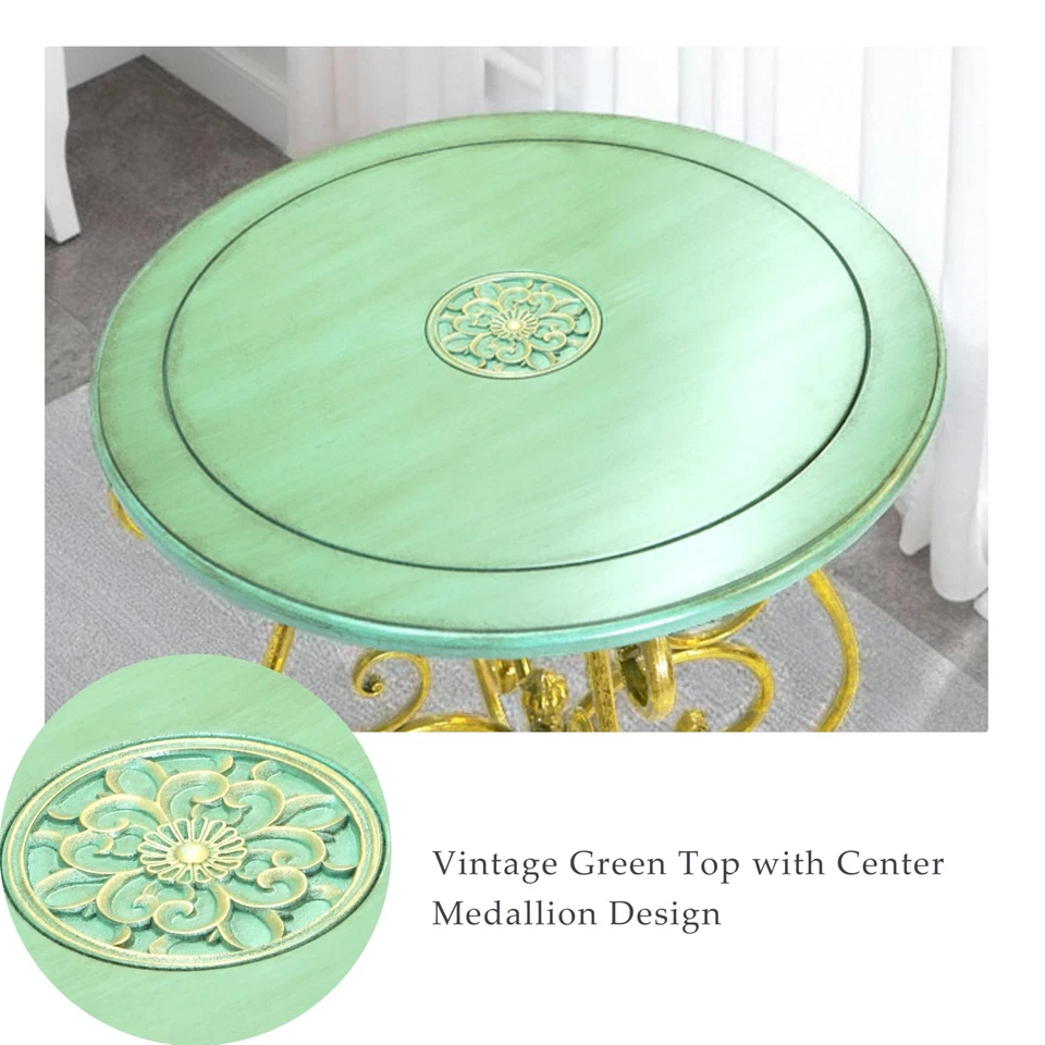 "Mesa redonda vintage verde y dorada con patas de hierro pergamino, 30"" de altura -... Foto 3 de 4