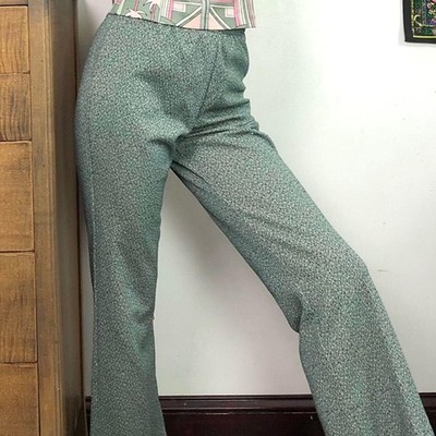 Vintage Polyester Pull-On Pants, 1970s Green Tweed Elastic Waist Slacks, Sz M-L