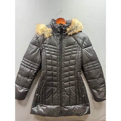 Guess Puffer Jacket Womens Black Faux Fur Trim Hood Quilted Coat M