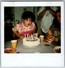 Vtg Polaroid Snapshot Photo Girl Blowing Out Birthday Cake Candles 1990s