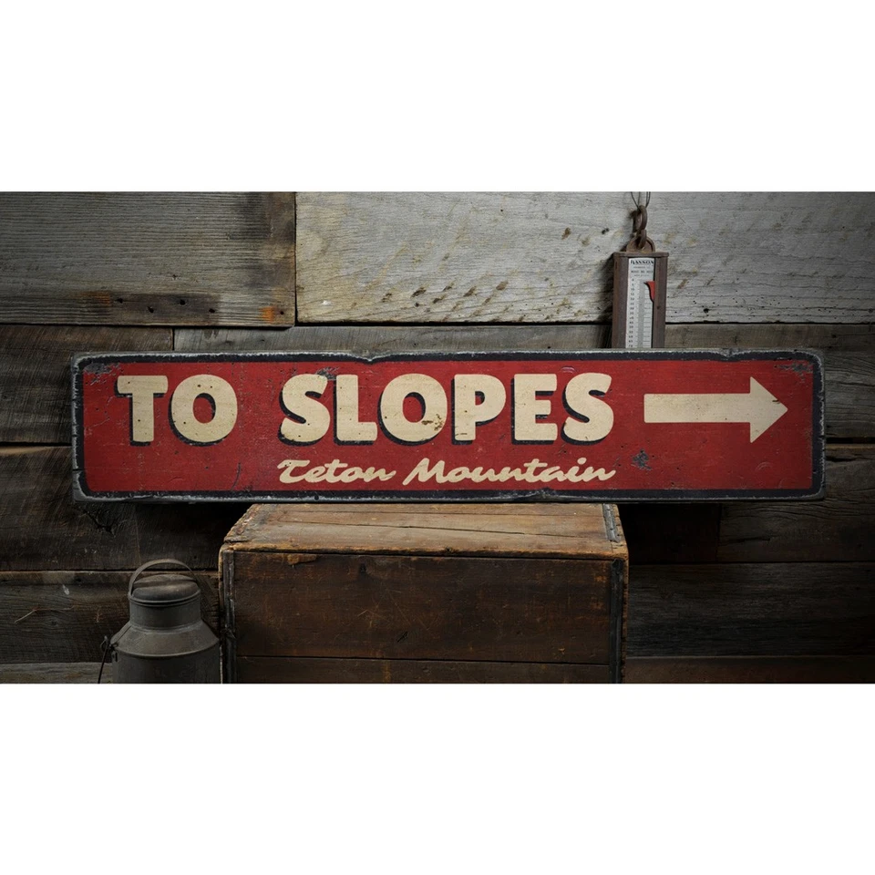 Letrero de madera envejecida rústica To Slopes Arrow, personalizado para esquí de montaña Foto 2 de 2