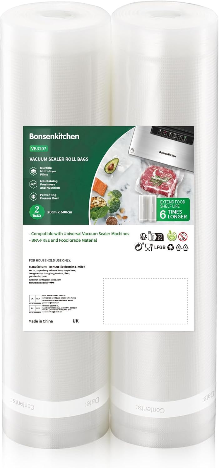 Vacuum Sealer Rolls Bags, 2 Packs 28 Cm X 600 Cm Storage Bags (Total 12 M), BPA