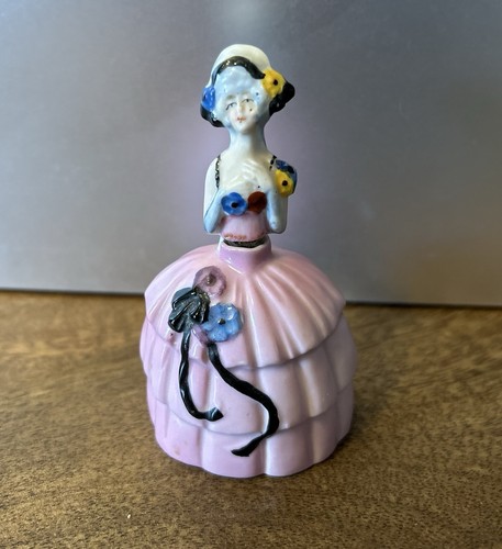 Vintage 1920s Porcelain 3.5" Victorian Pink Purple Dress Lady Perfume Bottle